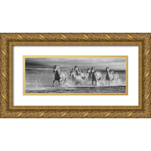 Horses Running at the Beach Gold Ornate Wood Framed Art Print with Double Matting by Llovet, Jorge