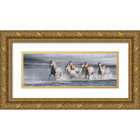 Horses Running at the Beach Gold Ornate Wood Framed Art Print with Double Matting by Llovet, Jorge