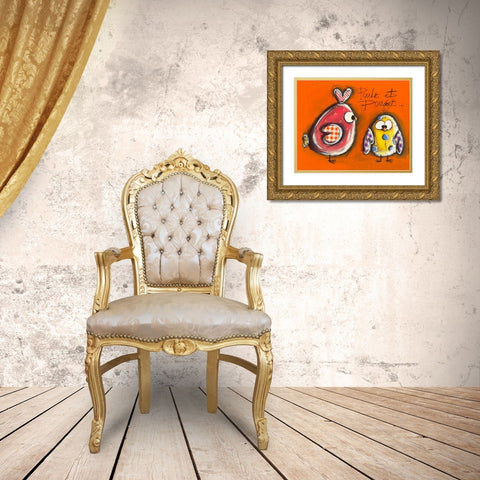Poule et Poulet Gold Ornate Wood Framed Art Print with Double Matting by Mougin, Carine