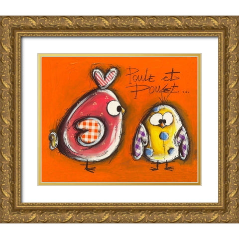 Poule et Poulet Gold Ornate Wood Framed Art Print with Double Matting by Mougin, Carine