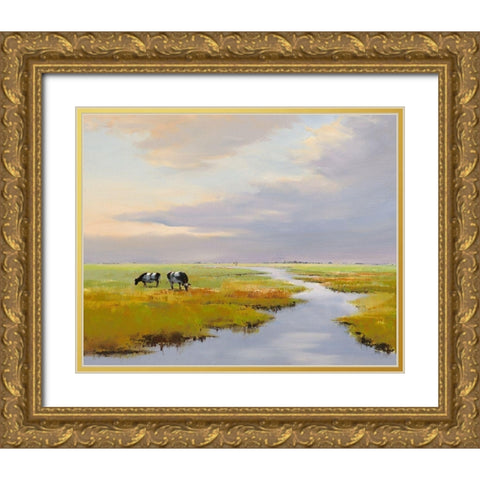 Grazing Cattle Gold Ornate Wood Framed Art Print with Double Matting by Groenhart, Jan
