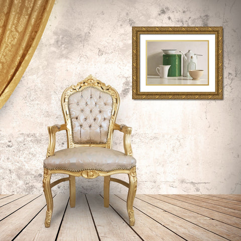 Green tin box-bottle-2 jugs and 2 bowl Gold Ornate Wood Framed Art Print with Double Matting by de Bont, Willem