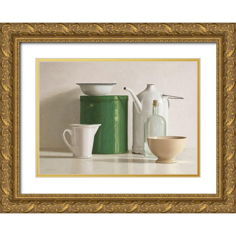Green tin box-bottle-2 jugs and 2 bowl Gold Ornate Wood Framed Art Print with Double Matting by de Bont, Willem
