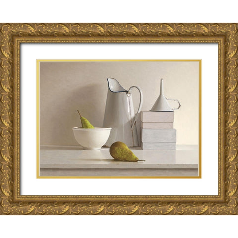 2 pears-2 boxes-jug-bowl and funnel Gold Ornate Wood Framed Art Print with Double Matting by de Bont, Willem