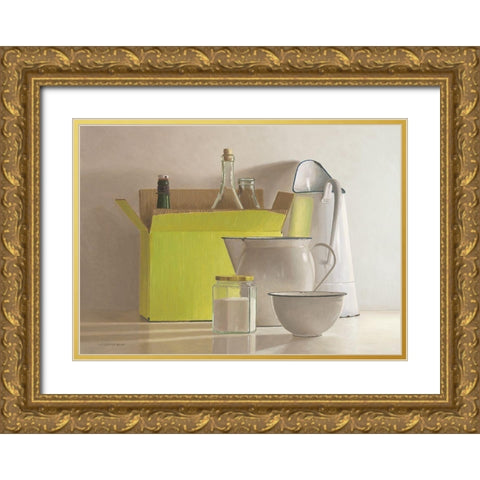 Still life with yellow box-bottles and  Gold Ornate Wood Framed Art Print with Double Matting by de Bont, Willem
