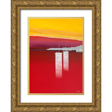 Bateaux rouges Gold Ornate Wood Framed Art Print with Double Matting by Moune, Pierre