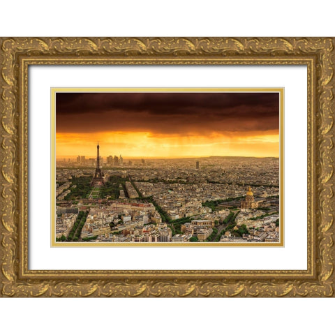 Sunset to Paris Gold Ornate Wood Framed Art Print with Double Matting by Bertrande, Arnaud