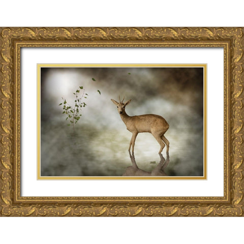 Young Deer Gold Ornate Wood Framed Art Print with Double Matting by Visser, Michiel