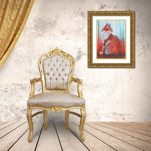 Red Cat Gold Ornate Wood Framed Art Print with Double Matting by Botman, Loes