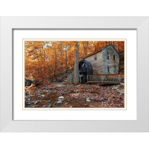 Smokies Grist Mill Fall White Modern Wood Framed Art Print with Double Matting by Lee, Rachel