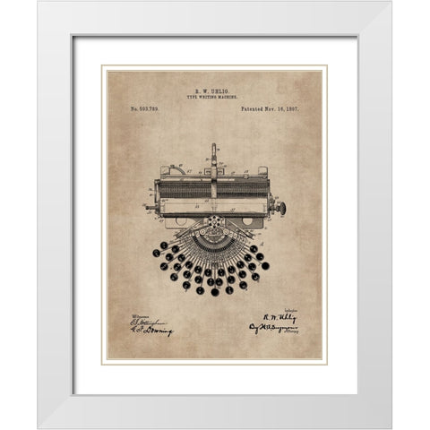 Patent Document of a Type Writing Machine White Modern Wood Framed Art Print with Double Matting by CAG