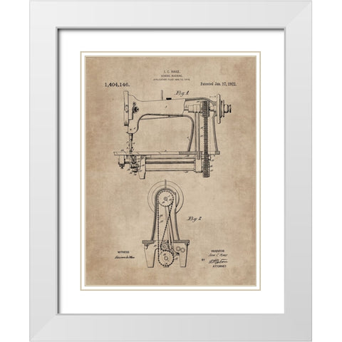 Patent Document of a Sewing Machine White Modern Wood Framed Art Print with Double Matting by CAG