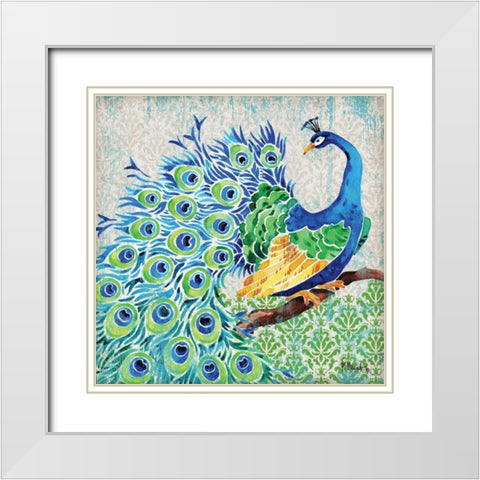 Patterned Peacock I White Modern Wood Framed Art Print with Double Matting by Brent, Paul