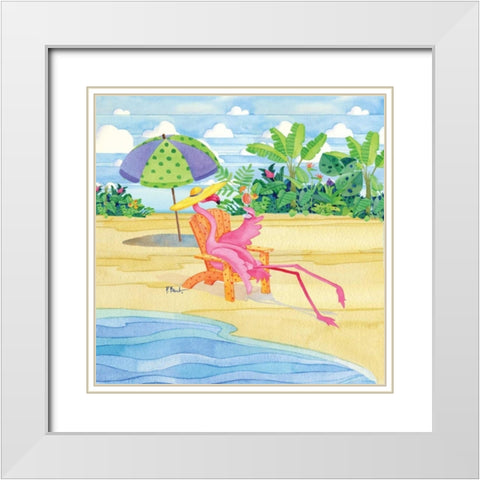 Beach Chair Flamingo White Modern Wood Framed Art Print with Double Matting by Brent, Paul