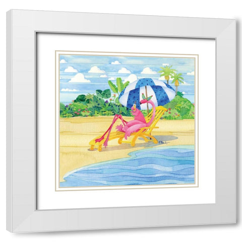 Deck Chair Flamingo White Modern Wood Framed Art Print with Double Matting by Brent, Paul
