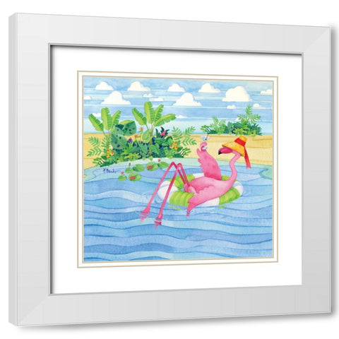Martini Float Flamingo White Modern Wood Framed Art Print with Double Matting by Brent, Paul
