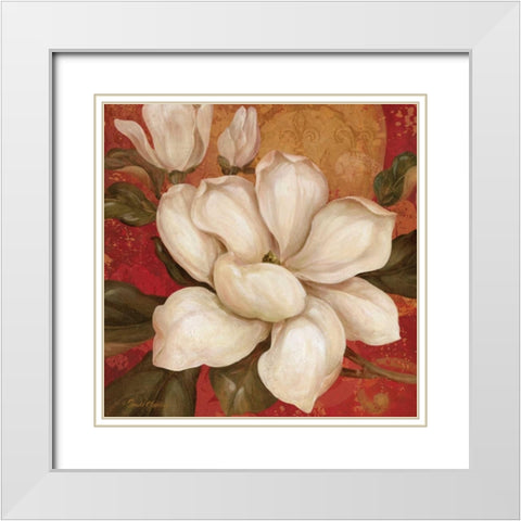 Magnolia on Red I White Modern Wood Framed Art Print with Double Matting by Gladding, Pamela