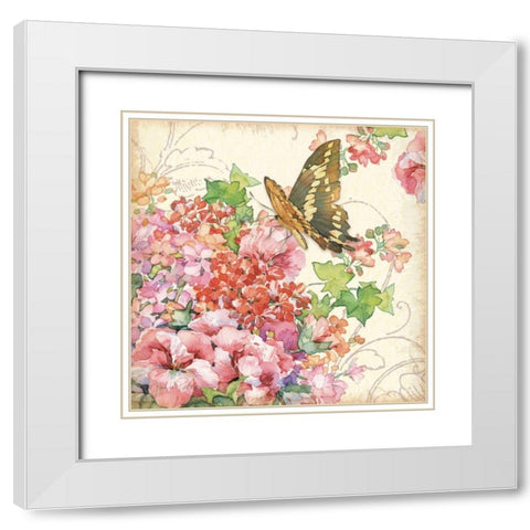 Geranium and Butterflies White Modern Wood Framed Art Print with Double Matting by Paton, Julie