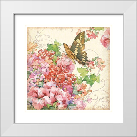 Geranium and Butterflies White Modern Wood Framed Art Print with Double Matting by Paton, Julie