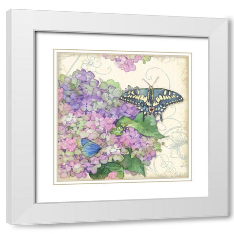 Hydrangea and Butterflies White Modern Wood Framed Art Print with Double Matting by Paton, Julie