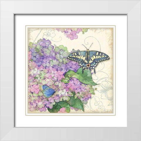 Hydrangea and Butterflies White Modern Wood Framed Art Print with Double Matting by Paton, Julie