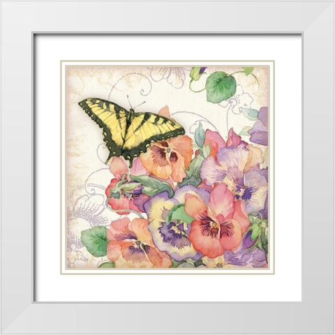 Pansies and Butterflies White Modern Wood Framed Art Print with Double Matting by Paton, Julie