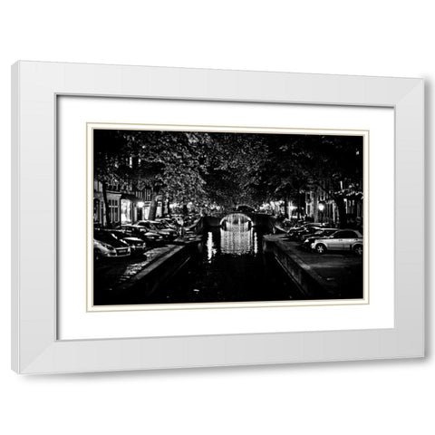 B and W Canal at Night I White Modern Wood Framed Art Print with Double Matting by Berzel, Erin