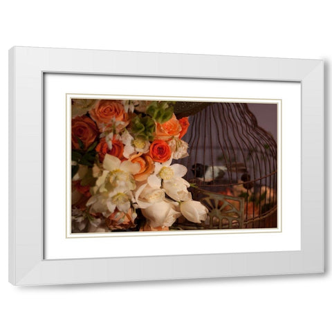 Flowers and Bird Cage I White Modern Wood Framed Art Print with Double Matting by Crane, Rita