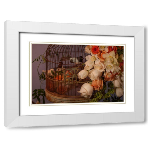 Flowers and Bird Cage II White Modern Wood Framed Art Print with Double Matting by Crane, Rita