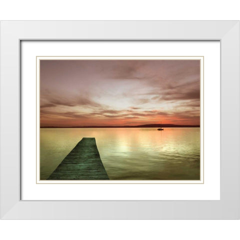 Pier and Sunset I White Modern Wood Framed Art Print with Double Matting by Christensen, Jim