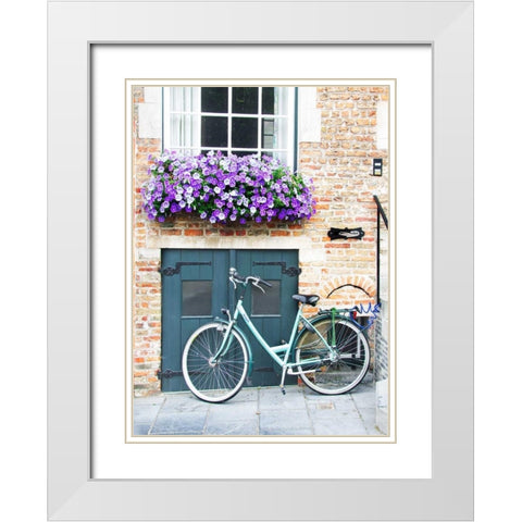 Brugge Door and Bicycle White Modern Wood Framed Art Print with Double Matting by Johnson, George