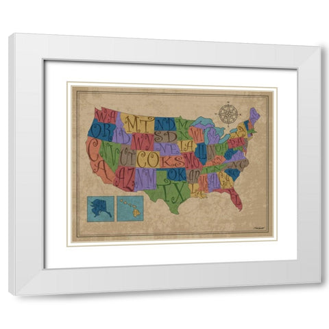US Map White Modern Wood Framed Art Print with Double Matting by Williams, Todd