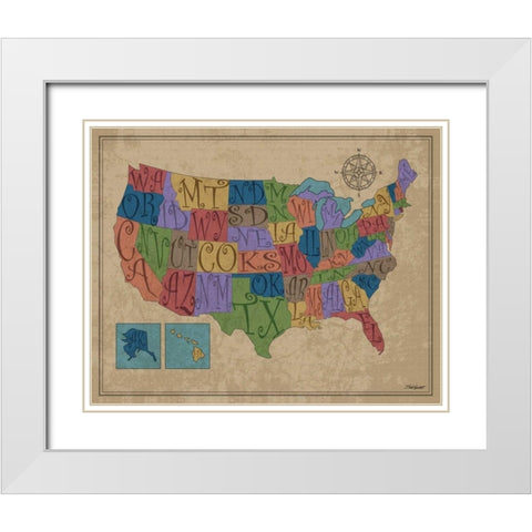 US Map White Modern Wood Framed Art Print with Double Matting by Williams, Todd