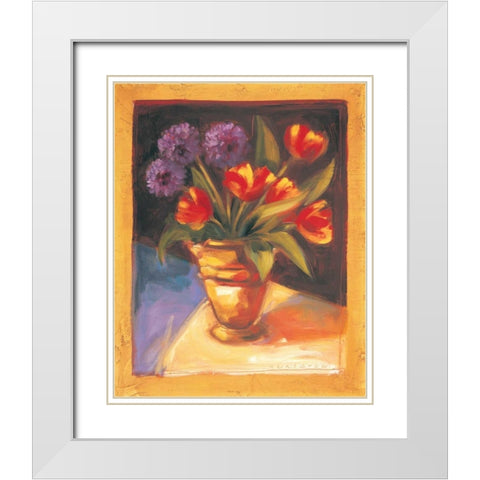 Tulip and Dahlia White Modern Wood Framed Art Print with Double Matting by Waldron, Sarah
