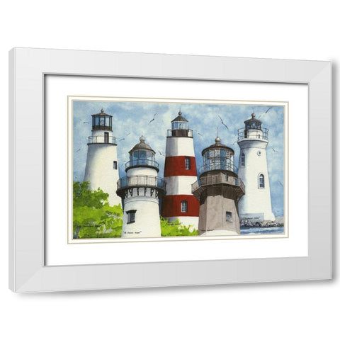 All Five Georgia Lighthouses White Modern Wood Framed Art Print with Double Matting by Rizzo, Gene