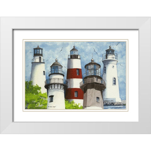 All Five Georgia Lighthouses White Modern Wood Framed Art Print with Double Matting by Rizzo, Gene