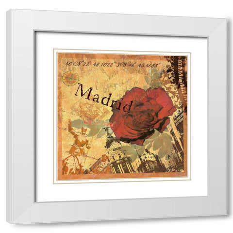 Latitude and Longitude Travel to Madrid White Modern Wood Framed Art Print with Double Matting by Art Licensing Studio