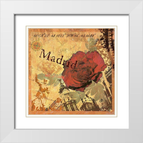 Latitude and Longitude Travel to Madrid White Modern Wood Framed Art Print with Double Matting by Art Licensing Studio