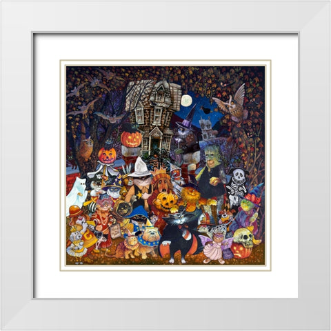 Cats and Dogs Halloween White Modern Wood Framed Art Print with Double Matting by Bell, Bill
