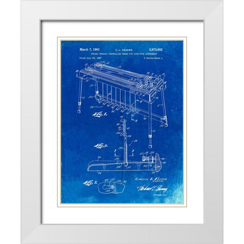 PP281-Faded Blueprint Fender Pedal Steel Guitar Patent Poster White Modern Wood Framed Art Print with Double Matting by Borders, Cole