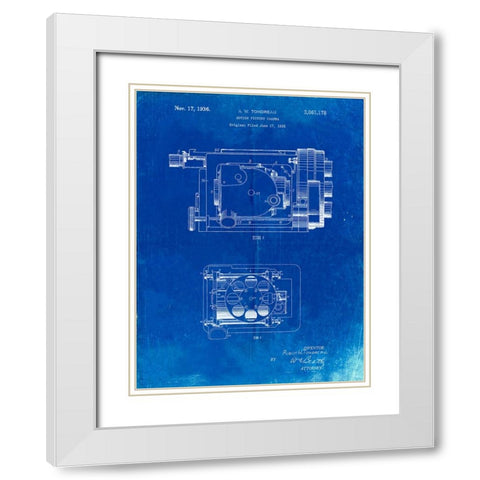 PP390-Faded Blueprint Motion Picture Camera 1932 Patent Poster White Modern Wood Framed Art Print with Double Matting by Borders, Cole