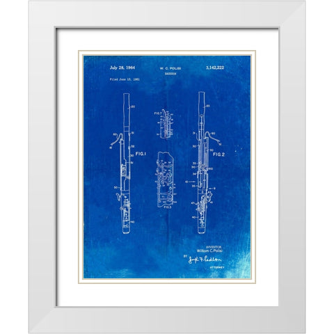 PP392-Faded Blueprint Bassoon Patent Poster White Modern Wood Framed Art Print with Double Matting by Borders, Cole