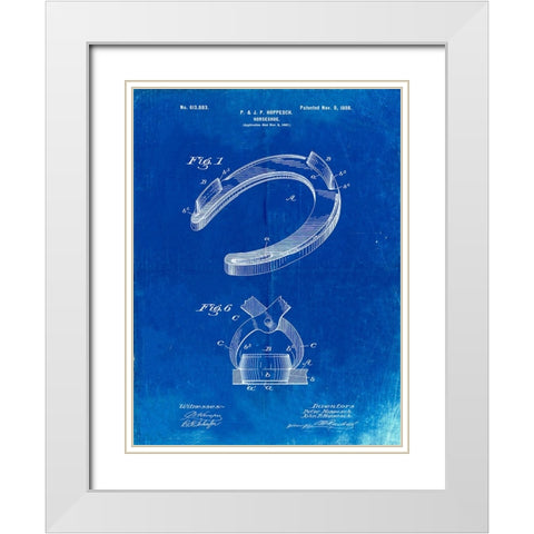 PP523-Faded Blueprint Horseshoe Patent Poster White Modern Wood Framed Art Print with Double Matting by Borders, Cole
