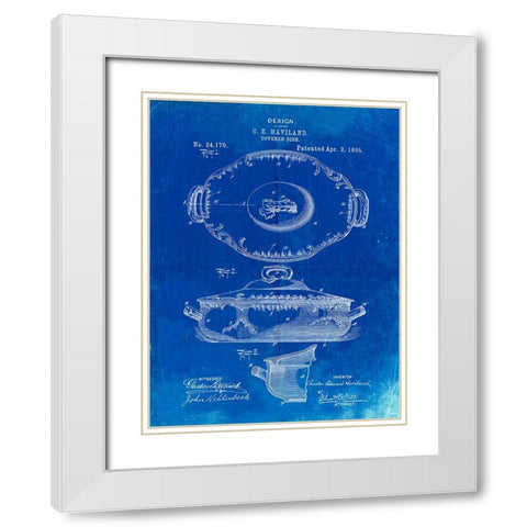 PP657-Faded Blueprint Haviland Covered Serving Dish Canvas Art White Modern Wood Framed Art Print with Double Matting by Borders, Cole