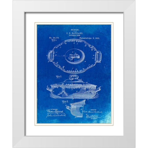 PP657-Faded Blueprint Haviland Covered Serving Dish Canvas Art White Modern Wood Framed Art Print with Double Matting by Borders, Cole