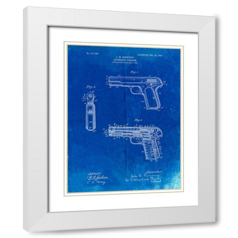 PP755-Faded Blueprint Browning No. 2 Handgun Patent Poster White Modern Wood Framed Art Print with Double Matting by Borders, Cole