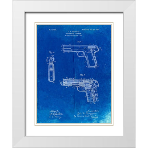 PP755-Faded Blueprint Browning No. 2 Handgun Patent Poster White Modern Wood Framed Art Print with Double Matting by Borders, Cole