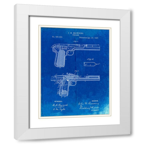 PP894-Faded Blueprint J.M. Browning Pistol Patent Poster White Modern Wood Framed Art Print with Double Matting by Borders, Cole