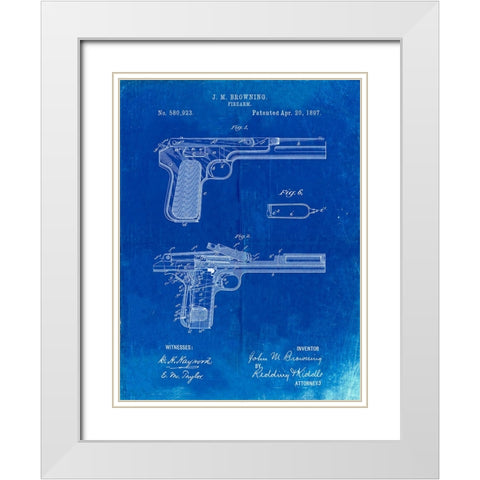 PP894-Faded Blueprint J.M. Browning Pistol Patent Poster White Modern Wood Framed Art Print with Double Matting by Borders, Cole
