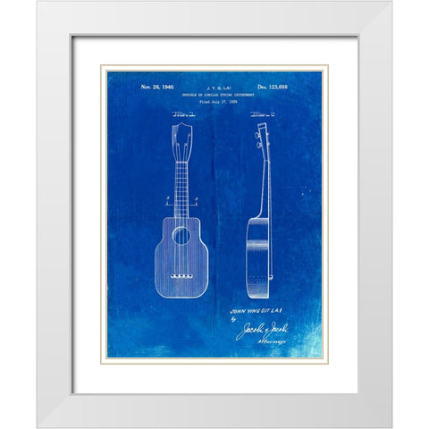 PP1117-Faded Blueprint Ukulele Patent Poster White Modern Wood Framed Art Print with Double Matting by Borders, Cole